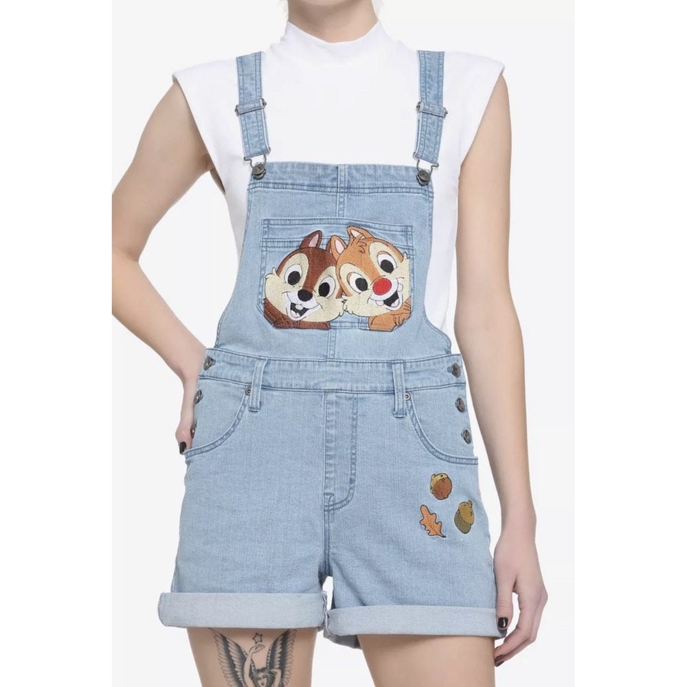 Disney Her Universe Chip & Dale Denim Overalls Shorts Embroidered Size 1  14/16